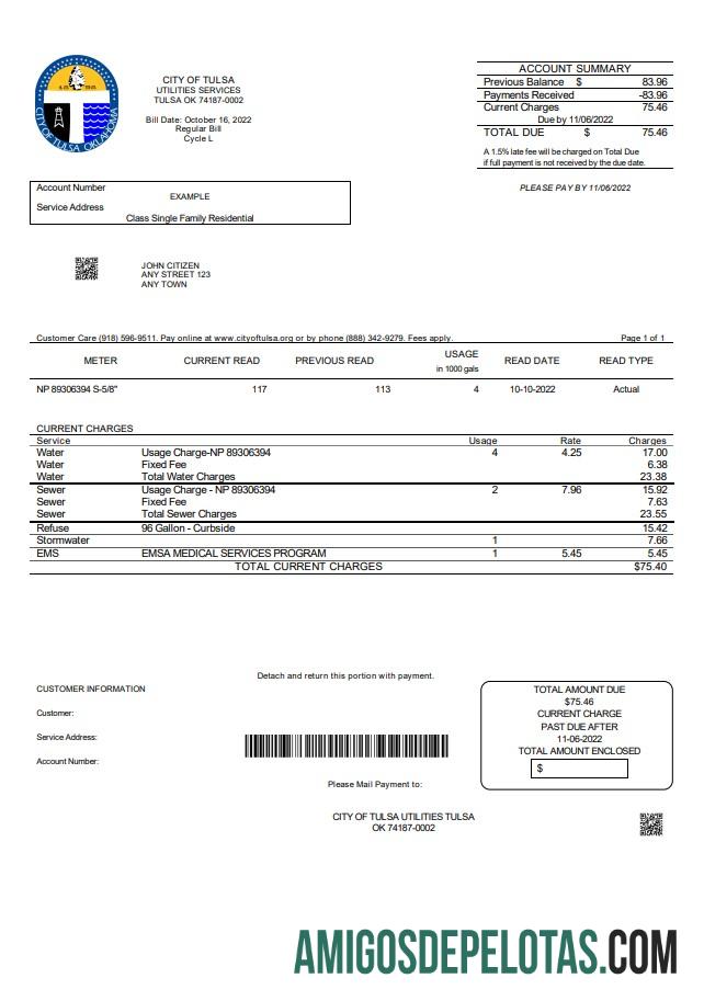Em branco modelo de conta de serviços públicos da cidade de Oklahoma de Tulsa nos EUA em formato Word e PDF